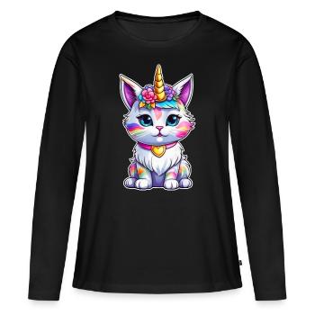 Chat licorne mignon - T-shirt manches longues Premium bio Femme - noir - Devant - Julia (174cm)