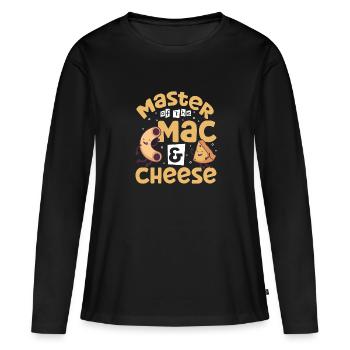 MAC AND CHEESE GIFT: powered by mac & cheese - Frauen Premium Bio Langarmshirt - Schwarz - Vorne - Julia (174cm)
