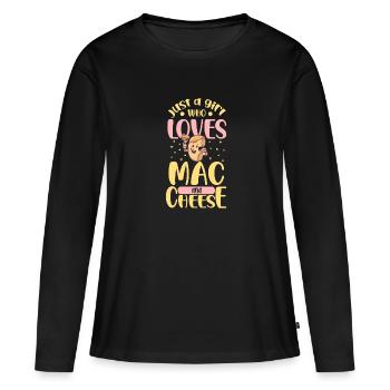MAC AND CHEESE GIFT: powered by mac & cheese - Frauen Premium Bio Langarmshirt - Schwarz - Vorne - Julia (174cm)