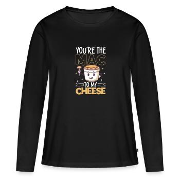 MAC AND CHEESE GIFT: powered by mac & cheese - Frauen Premium Bio Langarmshirt - Schwarz - Vorne - Julia (174cm)
