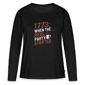 Boston Tea 1773 Révolution américaine Historique - T-shirt manches longues Premium bio Femme - noir - Devant - Julia (174cm)