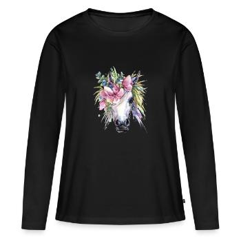 cheval fleurs licorne - T-shirt manches longues Premium bio Femme - noir - Devant - Julia (174cm)