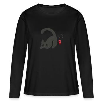 Chat qui pète - T-shirt manches longues Premium bio Femme - noir - Devant - Julia (174cm)