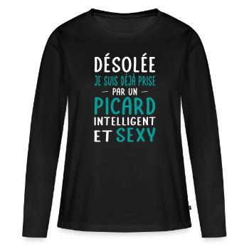 Désolée déjà prise par un Picard sexy - T-shirt manches longues Premium bio Femme - noir - Devant - Julia (174cm)