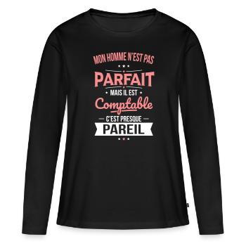 Mon homme n'est pas parfait mais il est comptable - T-shirt manches longues Premium bio Femme - noir - Devant - Julia (174cm)
