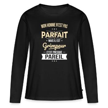 Mon homme n'est pas parfait mais il est grimpeur - T-shirt manches longues Premium bio Femme - noir - Devant - Julia (174cm)