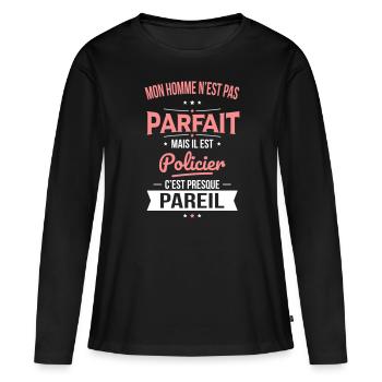 Mon homme n'est pas parfait mais il est policier - T-shirt manches longues Premium bio Femme - noir - Devant - Julia (174cm)