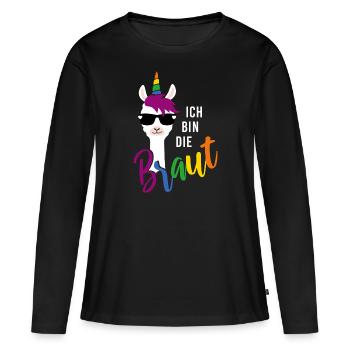 LGBTQ Braut Lama Einhorn Regenbogen JGA - Frauen Premium Bio Langarmshirt - Schwarz - Vorne - Julia (174cm)