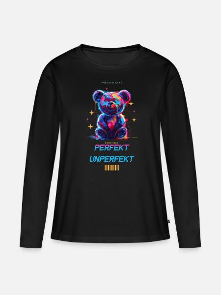 Perfekt Unperfekt Bunter Teddybär, Premium Gear - Frauen Premium Bio Langarmshirt - Schwarz