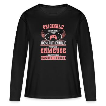 Authentique et véritable gameuse - Originale - T-shirt manches longues Premium bio Femme - noir - Devant - Julia (174cm)