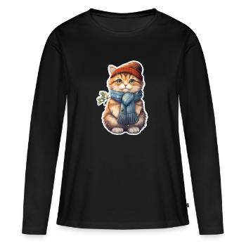 Chat en hiver avec bonnet et écharpe - T-shirt manches longues Premium bio Femme - noir - Devant - Julia (174cm)