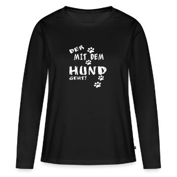 Der mit dem Hund gassi geht. - Frauen Premium Bio Langarmshirt - Schwarz - Vorne - Julia (174cm)