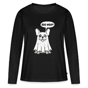 Bouledogue français Boo Woof - Cadeau drôle pour un chien d’Halloween - T-shirt manches longues Premium bio Femme - noir - Devant - Julia (174cm)