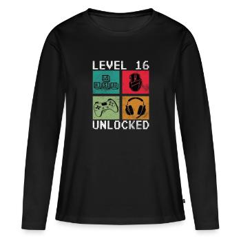 Niveau 16 débloqué 16 Anniversaire 16 ans - T-shirt manches longues Premium bio Femme - noir - Devant - Julia (174cm)
