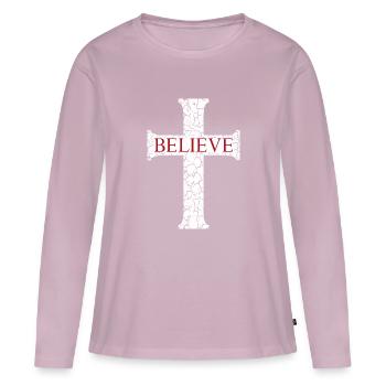 Croire Croix Jésus-Christ Foi Chrétien Amant - T-shirt manches longues Premium bio Femme - rose poudré - Devant - Julia (174cm)