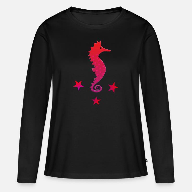 rotes Seepferdchen mit Sternchen pinkes Seepferd - Frauen Premium Bio Langarmshirt - Schwarz