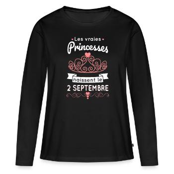 Anniversaire - Princesses naissent le 2 Septembre - T-shirt manches longues Premium bio Femme - noir - Devant - Julia (174cm)