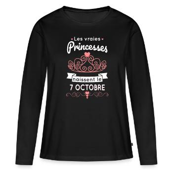 Anniversaire - Princesses naissent le 7 Octobre - T-shirt manches longues Premium bio Femme - noir - Devant - Julia (174cm)