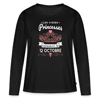 Anniversaire - Princesses naissent le 12 Octobre - T-shirt manches longues Premium bio Femme - noir - Devant - Julia (174cm)