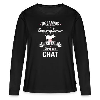 Sous-estimer une trentenaire avec son chat - T-shirt manches longues Premium bio Femme - noir - Devant - Julia (174cm)