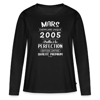 20-jähriges Jubiläum - März 2005 Perfektion - Frauen Premium Bio Langarmshirt - Schwarz - Vorne - Julia (174cm)