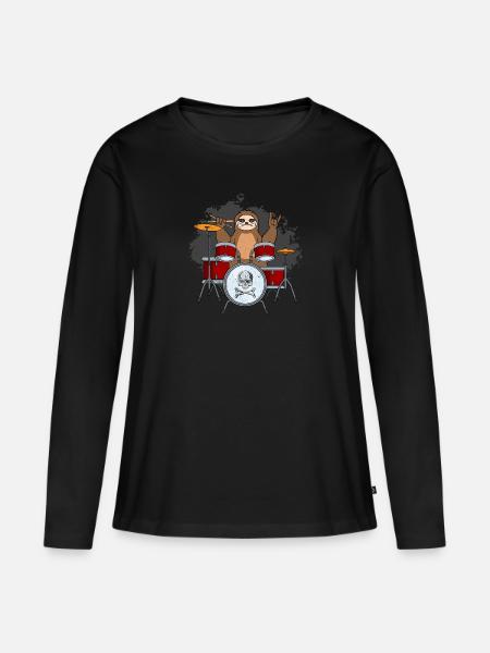 Faultier am Schlagzeug - Frauen Premium Bio Langarmshirt - Schwarz