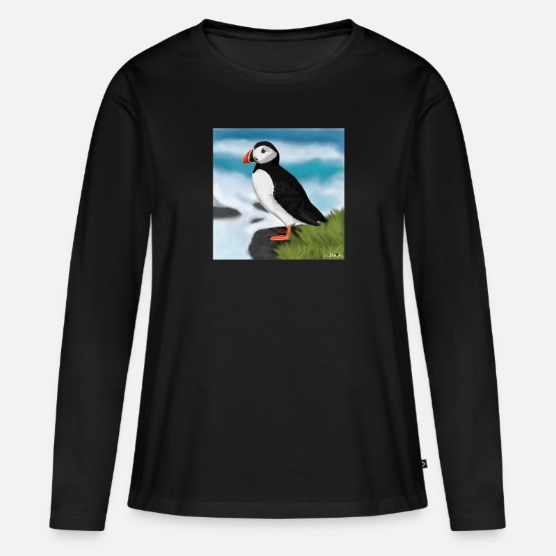 Gemalter Papageitaucher Vogel Design Illustration - Frauen Premium Bio Langarmshirt - Schwarz