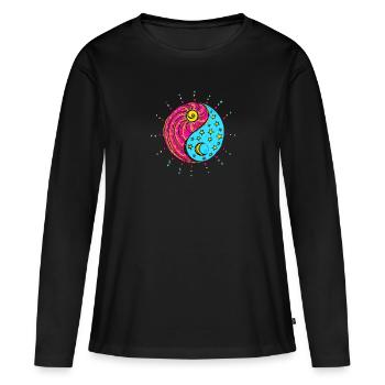 Yin Yang, soleil, lune, étoiles, symbole chinois - T-shirt manches longues Premium bio Femme - noir - Devant - Julia (174cm)