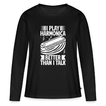 Harmonica Musican joue mieux que je ne parle - T-shirt manches longues Premium bio Femme - noir - Devant - Julia (174cm)