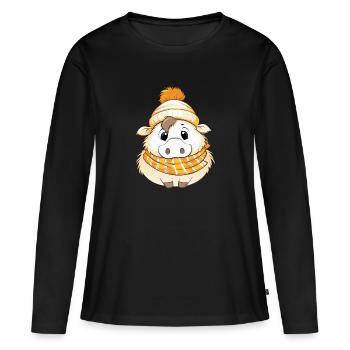 Mignon sanglier avec écharpe et chapeau à pompon. - T-shirt manches longues Premium bio Femme - noir - Devant - Julia (174cm)
