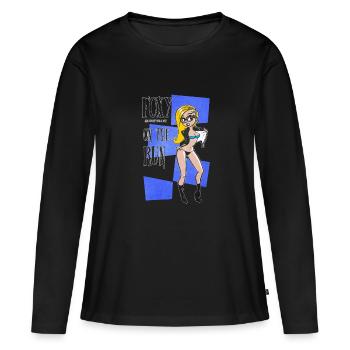 Nerd Geek Hipster Retro Pinup Blonde (blue bg) - Frauen Premium Bio Langarmshirt - Schwarz - Vorne - Julia (174cm)