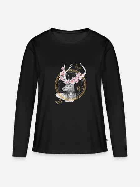 * Hirsch mit Blumen-Geweih * in Wasserfabtechnik - Frauen Premium Bio Langarmshirt - Schwarz
