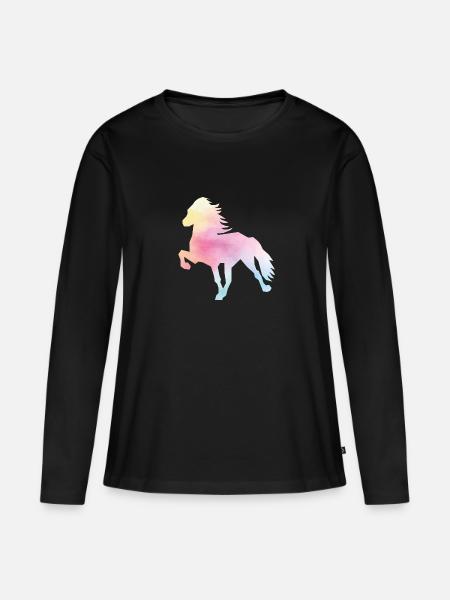 Islandpferd Watercolor rainbow - Frauen Premium Bio Langarmshirt - Schwarz