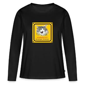 Katze lustig bissig Warnschild Achtung Vorsicht - Frauen Premium Bio Langarmshirt - Schwarz - Vorne - Julia (174cm)