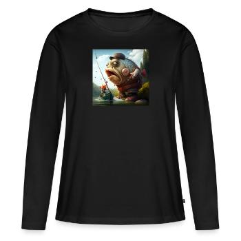 Caricature de pêcheur - T-shirt manches longues Premium bio Femme - noir - Devant - Julia (174cm)