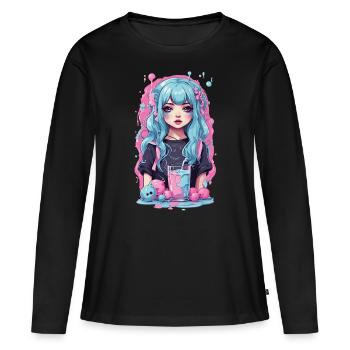 Kawaii Anime Girl Gothique Milkshake Manga Design - T-shirt manches longues Premium bio Femme - noir - Devant - Julia (174cm)