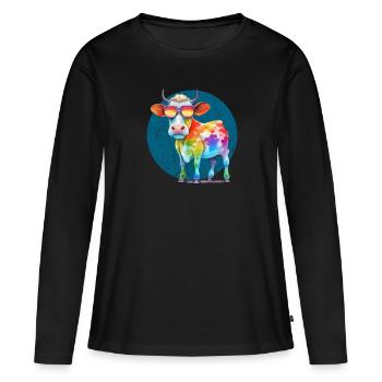 Bunte coole Kuh mit Sonnenbrille - Frauen Premium Bio Langarmshirt - Schwarz - Vorne - Julia (174cm)