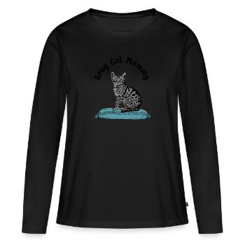 Chat gris maman chat sur oreiller bleu - T-shirt manches longues Premium bio Femme - noir - Devant - Julia (174cm)