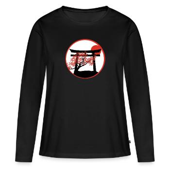 Ruhiger Sonnenuntergang: Torii-Tor und Kirschbaum - Frauen Premium Bio Langarmshirt - Schwarz - Vorne - Julia (174cm)