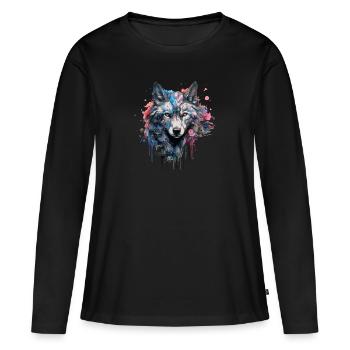 Wolf Design Wolfkopf in bunten Farben Wolfsrudel - Frauen Premium Bio Langarmshirt - Schwarz - Vorne - Julia (174cm)