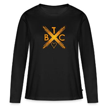 BTC Cross - J’adore Bitcoin - T-shirt manches longues Premium bio Femme - noir - Devant - Julia (174cm)