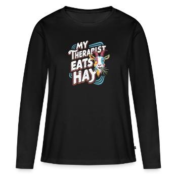 Humour de chèvre – Mon thérapeute mange du foin - T-shirt manches longues Premium bio Femme - noir - Devant - Julia (174cm)