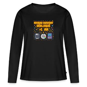Anniv rétro pixel – Level Up cadeau d'anniversaire - T-shirt manches longues Premium bio Femme - noir - Devant - Julia (174cm)