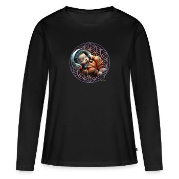Kleiner Astronaut mit Blume des Lebens - Frauen Premium Bio Langarmshirt - Schwarz - Vorne - Julia (174cm)