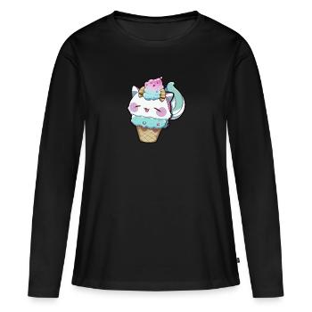 Süße Eis Waffel Anime Katze Manga Cartoon - Frauen Premium Bio Langarmshirt - Schwarz - Vorne - Julia (174cm)