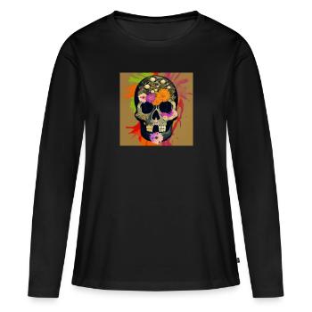 Crâne avec bijoux en fleurs - T-shirt manches longues Premium bio Femme - noir - Devant - Julia (174cm)