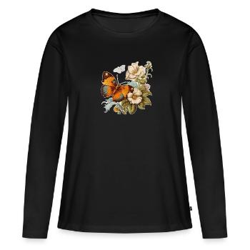 Vintage Flower Butterfly Ur-Tshirt - Frauen Premium Bio Langarmshirt - Schwarz - Vorne - Julia (174cm)