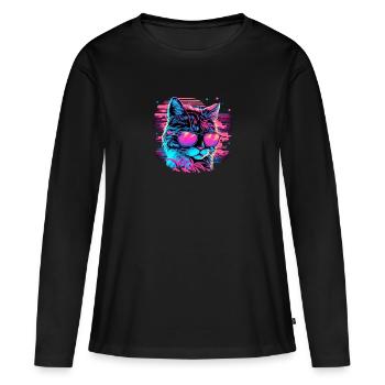 Retro Waperwave 80s Cat Color - Women's Premium Organic Long Sleeve Shirt - black - Front - Julia (174cm)