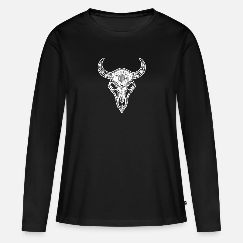 Kuh Schädel Boho - Frauen Premium Bio Langarmshirt - Schwarz