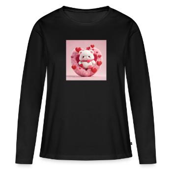 Weißer Teddybär in einem flauschigen Herz, rote Herzen drumherum - Frauen Premium Bio Langarmshirt - Schwarz - Vorne - Julia (174cm)